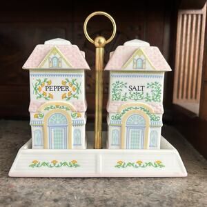 Lenox Spice Village Salt And Pepper Shakers With Caddy 1991 3 Piece Set *flaws*